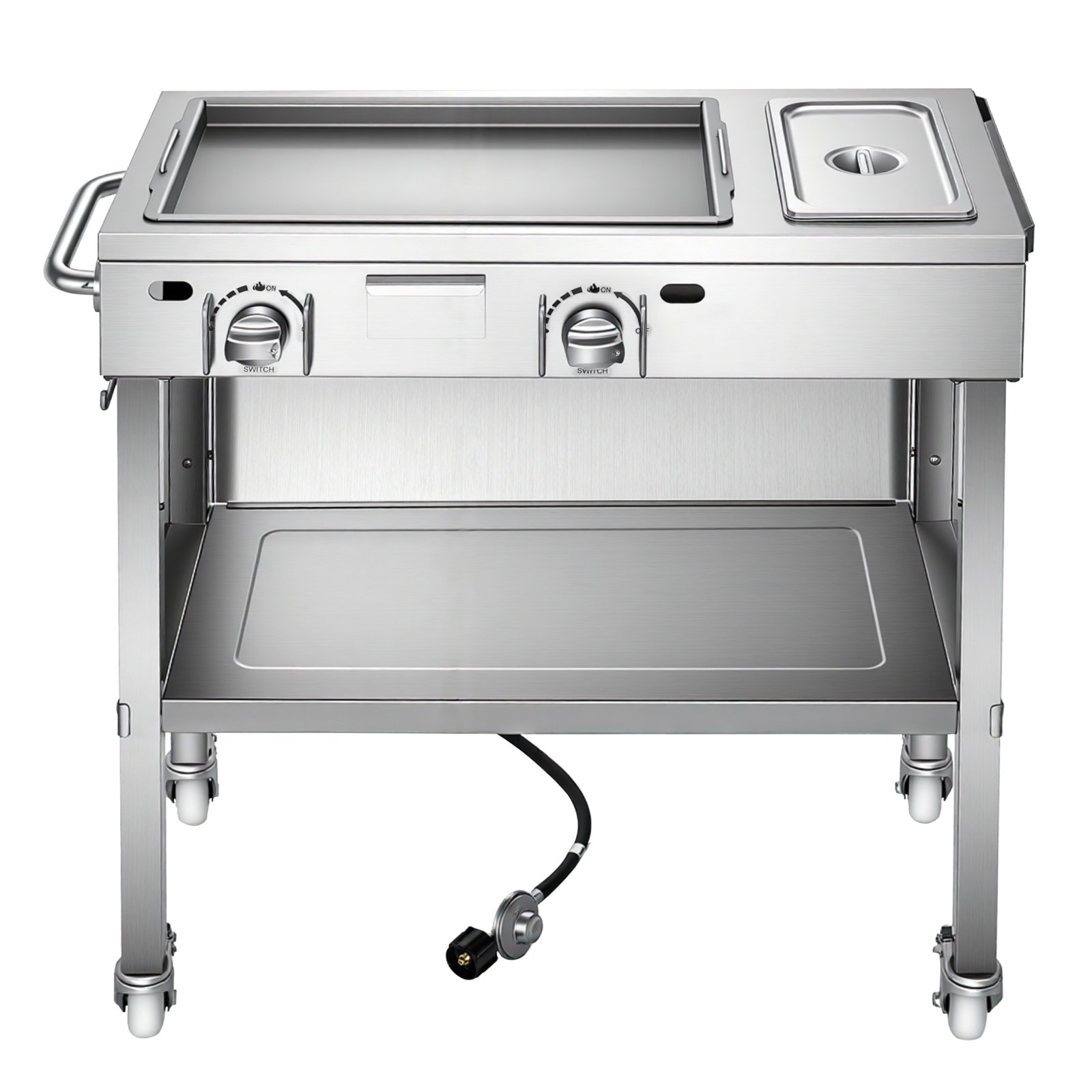 Start2Finish outdoor propane griddle with stainless steel surface, two burners, lockable wheels, side handle, ideal for grilling hot dogs and burgers
