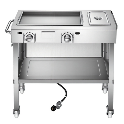 Start2Finish outdoor propane griddle with stainless steel surface, two burners, lockable wheels, side handle, ideal for grilling hot dogs and burgers