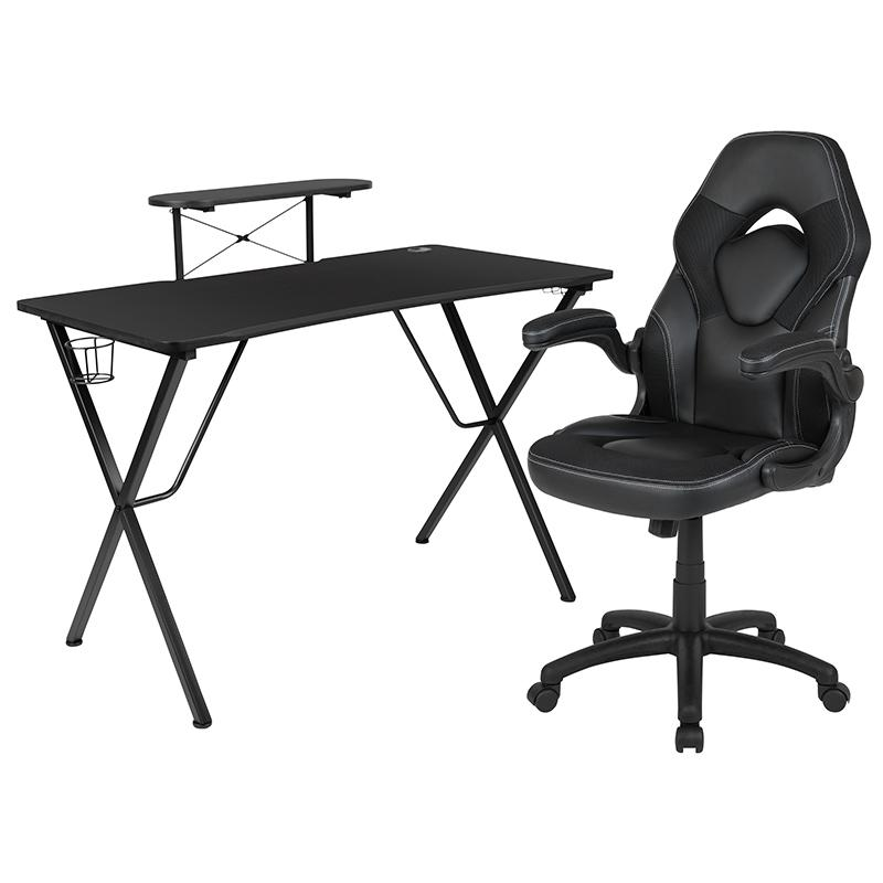 Black gaming desk and racing chair set by Start2Finish, featuring a sleek black furniture design ideal for gaming setups.