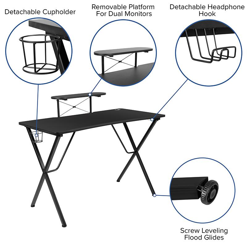 Black gaming desk and racing chair set by Start2Finish, featuring a sleek black office furniture design for gaming setups.
