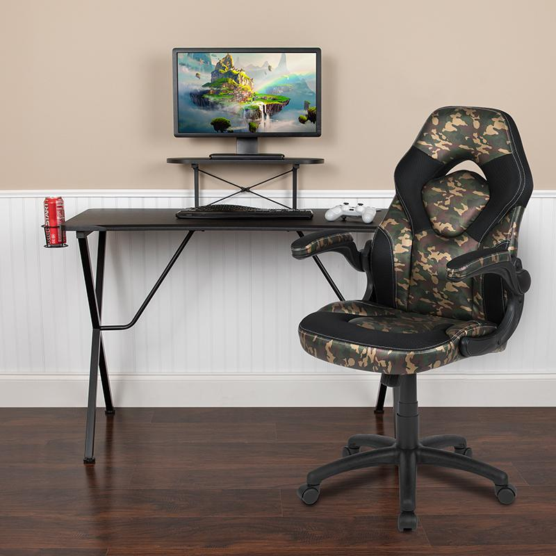 Start2Finish black gaming desk with camouflage and black racing chair set, featuring ergonomic design and gaming setup.
