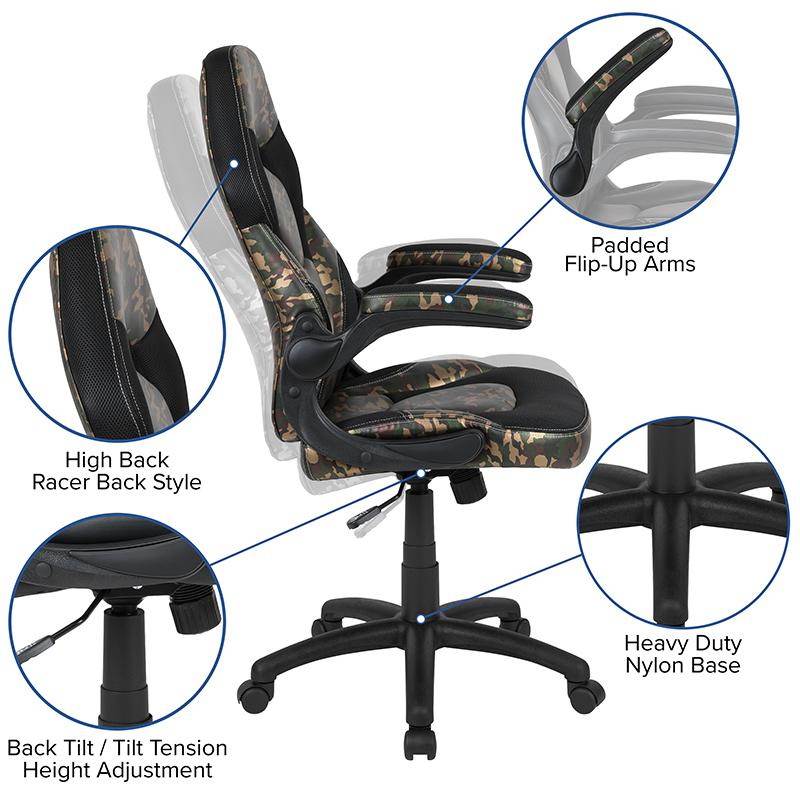 Start2Finish black gaming desk with camouflage and black racing chair set, featuring ergonomic design and gaming setup layout