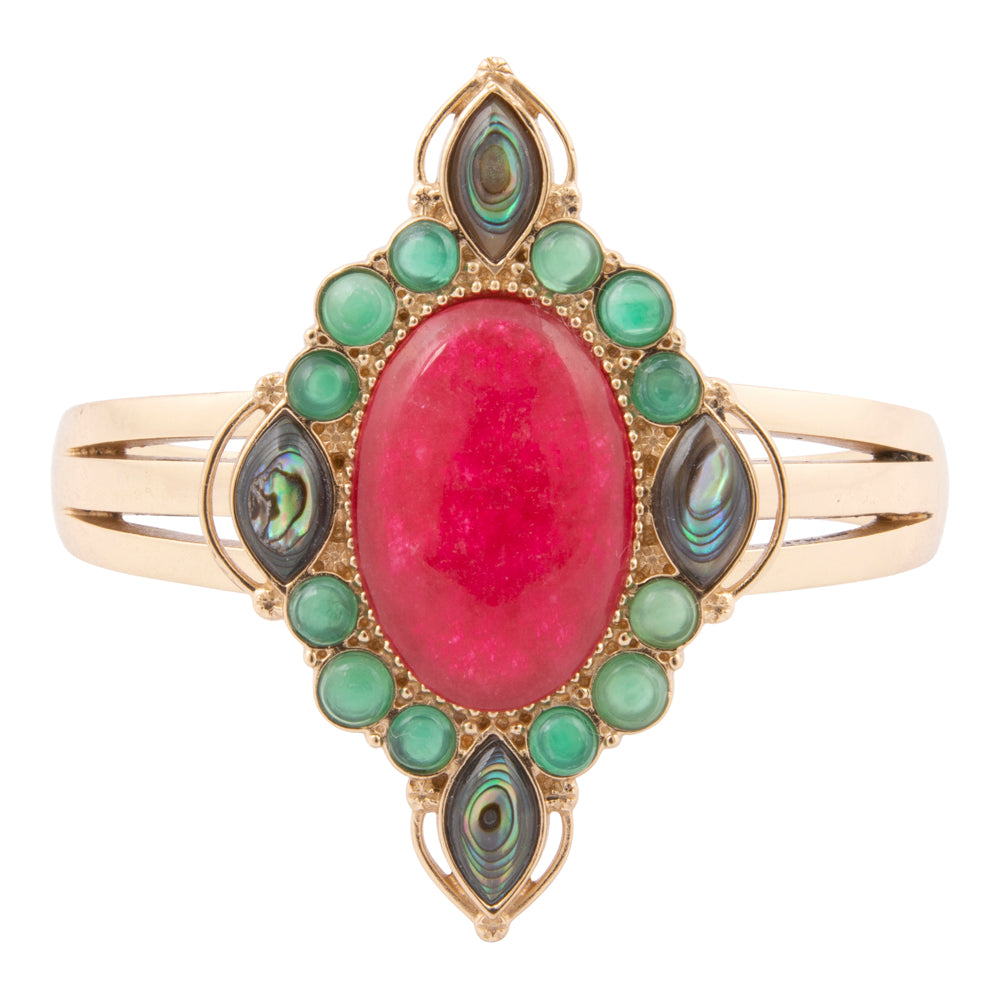 Red onyx and gold cuff bracelet from Start2Finish jewelry, featuring intricate design and polished finish.