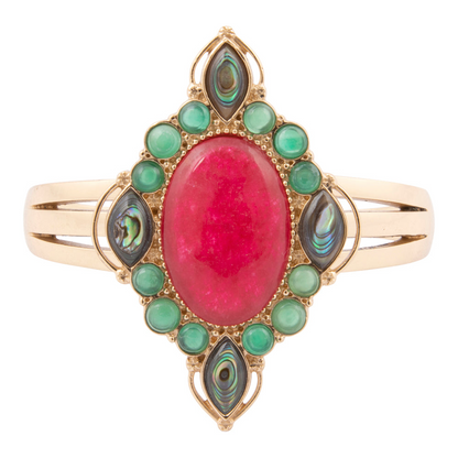 Red onyx and gold cuff bracelet from Start2Finish jewelry, featuring intricate design and polished finish.