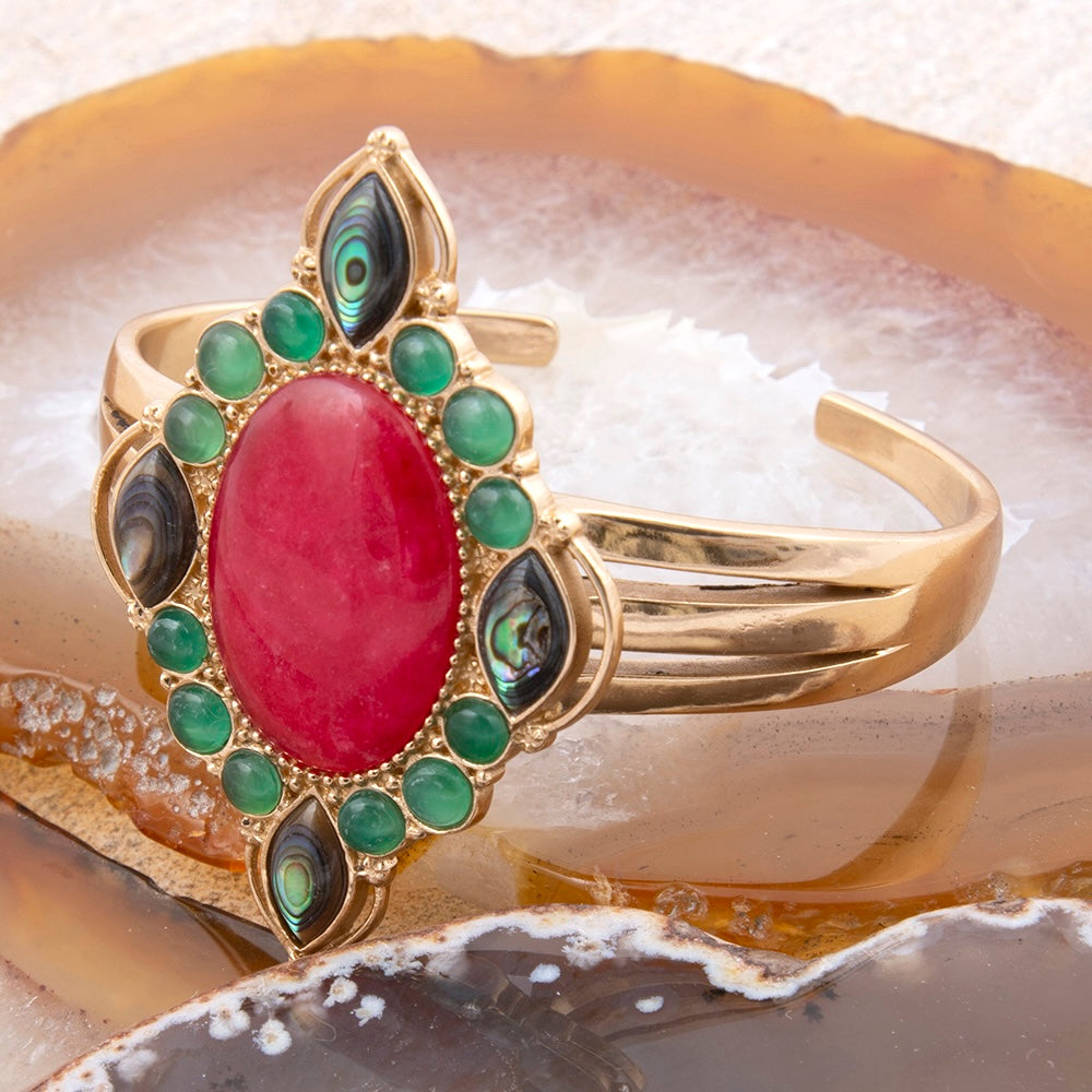 Start2Finish Regalia Red Onyx and gold cuff bracelet with intricate jewelry design, showcasing vibrant red onyx and elegant gold accents.