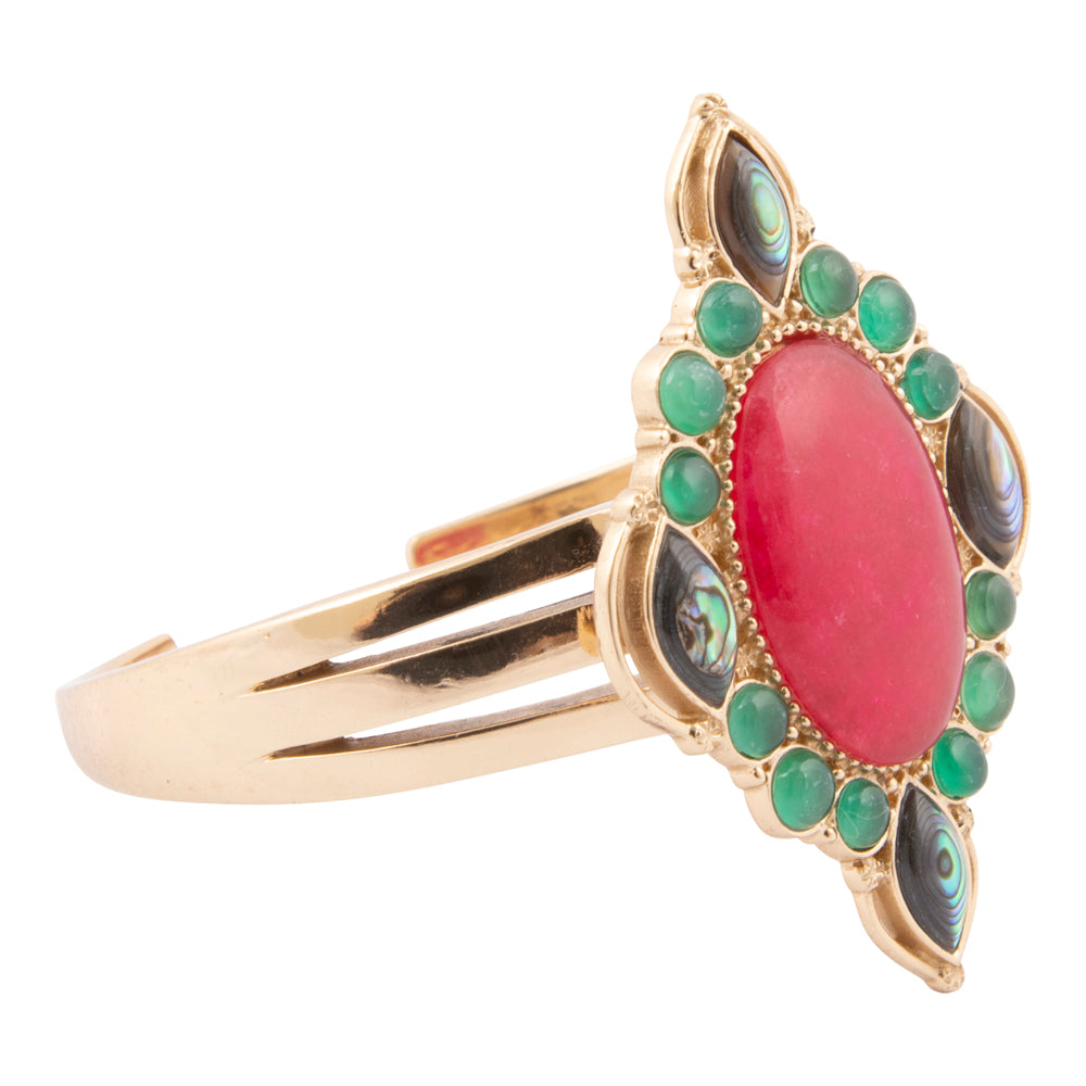 Start2Finish Regalia Red Onyx and gold cuff bracelet showcasing a bold jewelry piece with intricate design details.