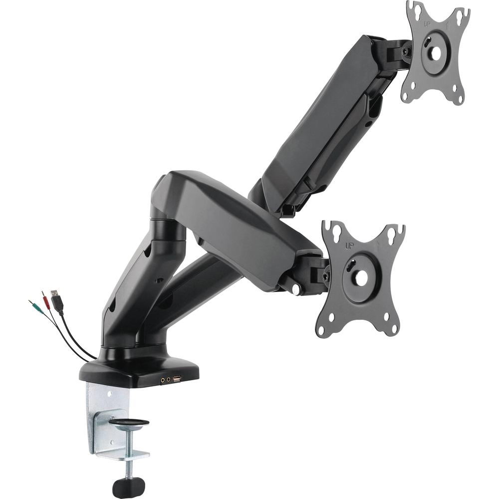 Black Lorell monitor mounting arm for dual displays, height adjustable, supports 14.3 lb per arm, compatible with 75x75 and 100x100 VESA.