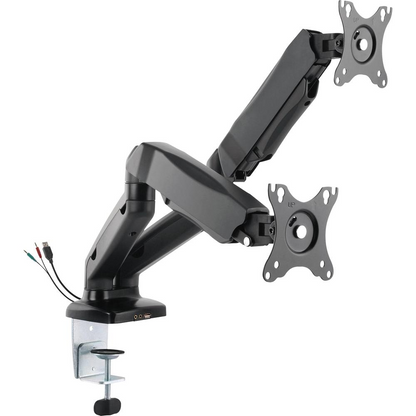 Black Lorell monitor mounting arm for dual displays, height adjustable, supports 14.3 lb per arm, compatible with 75x75 and 100x100 VESA.