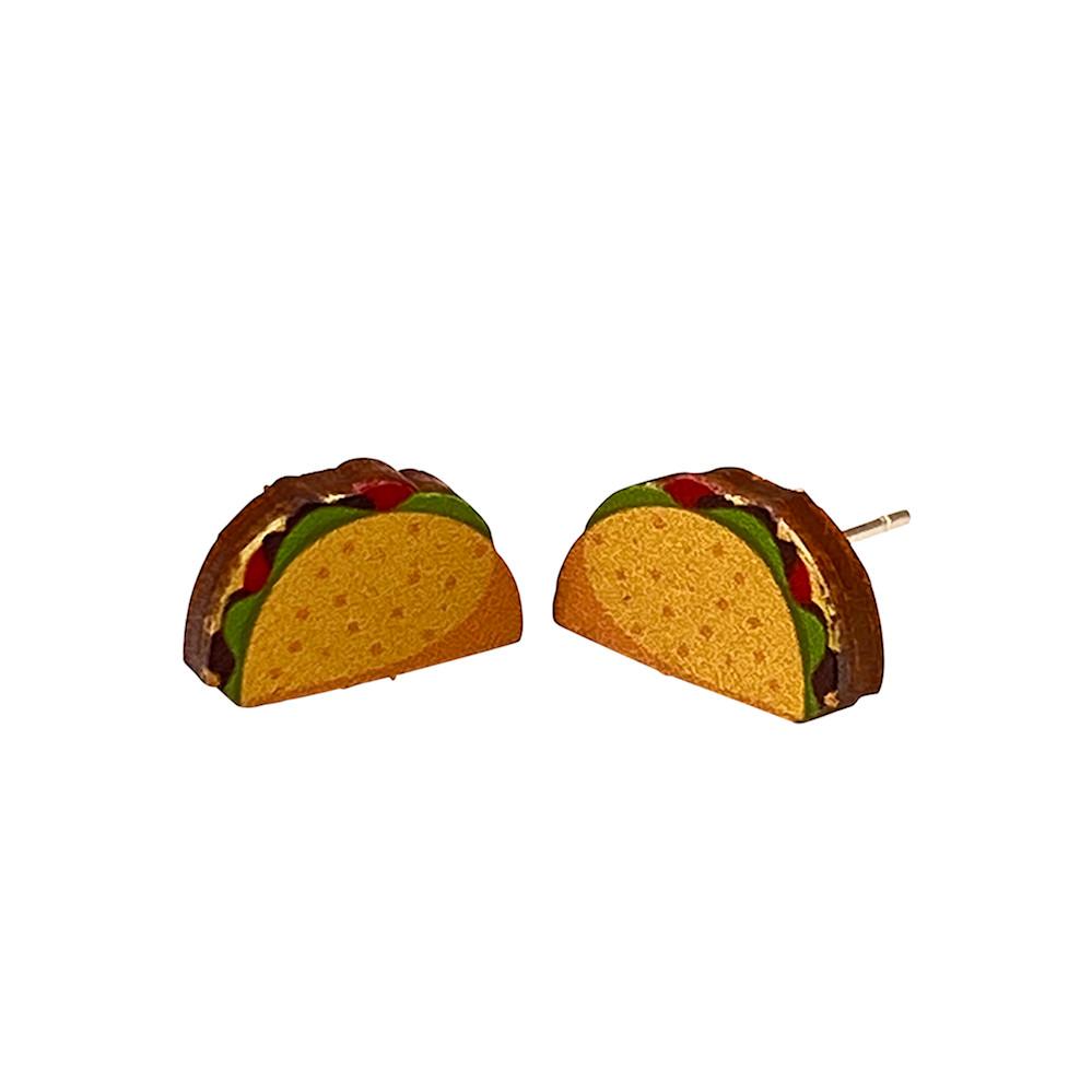 Red Sunflower Taco Stud Earrings featuring small taco-shaped charms with bright, colorful details and silver posts.