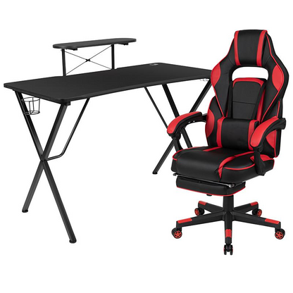 Start2Finish black gaming desk with headphone hook, monitor stand, red back support, and adjustable gaming chair arms.