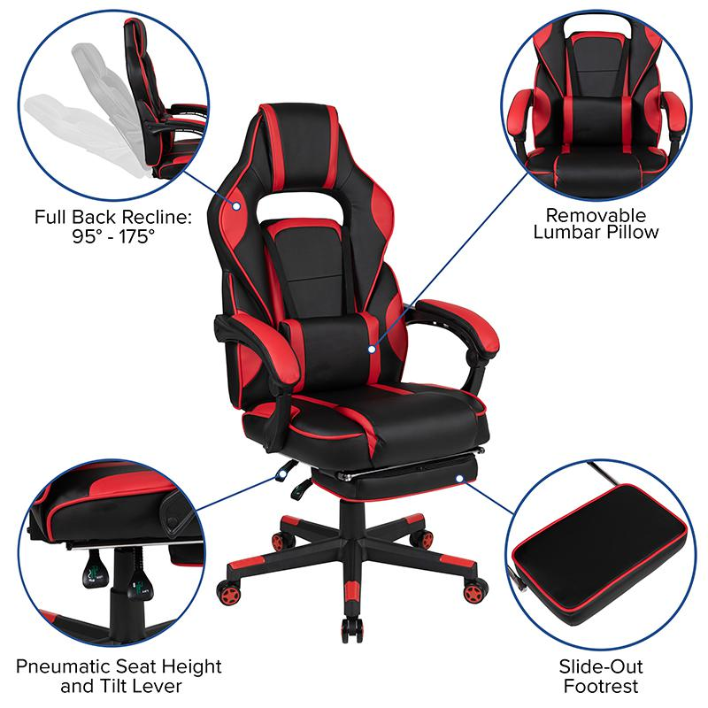 Start2Finish black gaming desk with headphone hook, monitor stand, red back gaming chair and armrests, modern furniture setup
