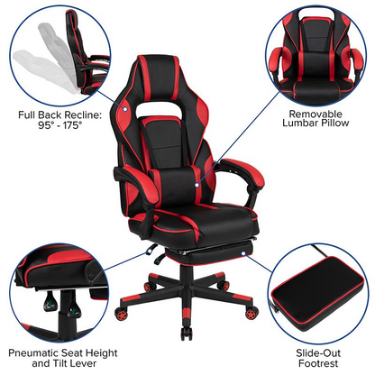 Start2Finish black gaming desk with headphone hook, monitor stand, red back gaming chair and armrests, modern furniture setup