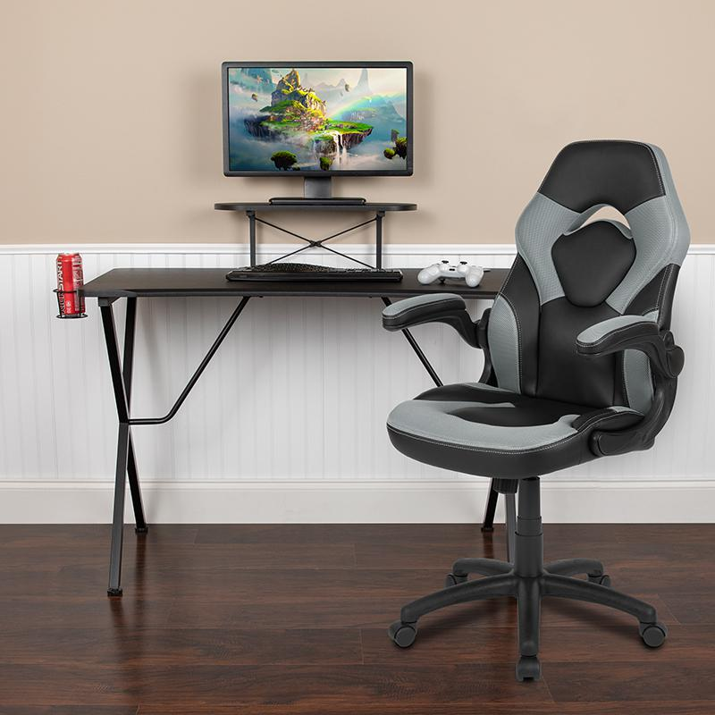 Start2Finish black gaming desk with gray and black racing chair set, featuring a spacious tabletop and ergonomic design.