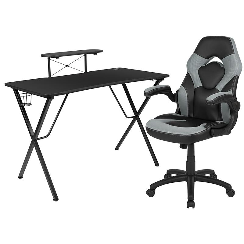 Start2Finish black gaming desk with gray and black racing chair, modern furniture setup for gaming and work.