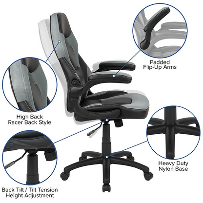 Start2Finish black gaming desk with gray and black racing chair, modern gaming furniture set for a stylish gaming setup.