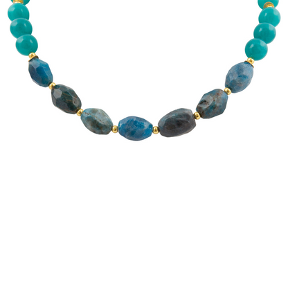 Teal apatite and jade nugget gold necklace featuring natural gemstone beads, elegant jewelry piece by Start2Finish.