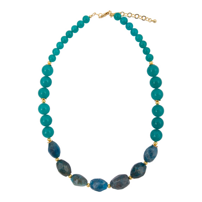 Teal apatite and jade nugget gold necklace with natural gemstone beads, elegant jewelry piece featuring vibrant teal and green hues.