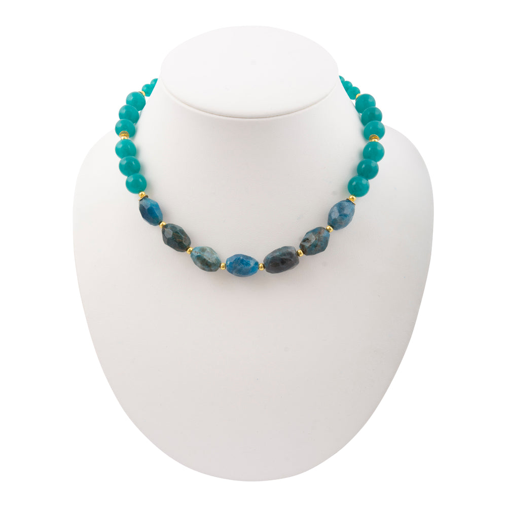 Teal apatite and jade nugget golden jewelry necklace featuring natural gemstone beads on a gold chain.