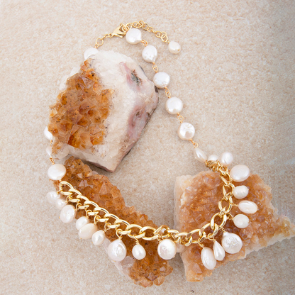 Hepburn white pearl and golden cluster necklace from Start2Finish, featuring elegant pearls and gold-toned jewelry elements.
