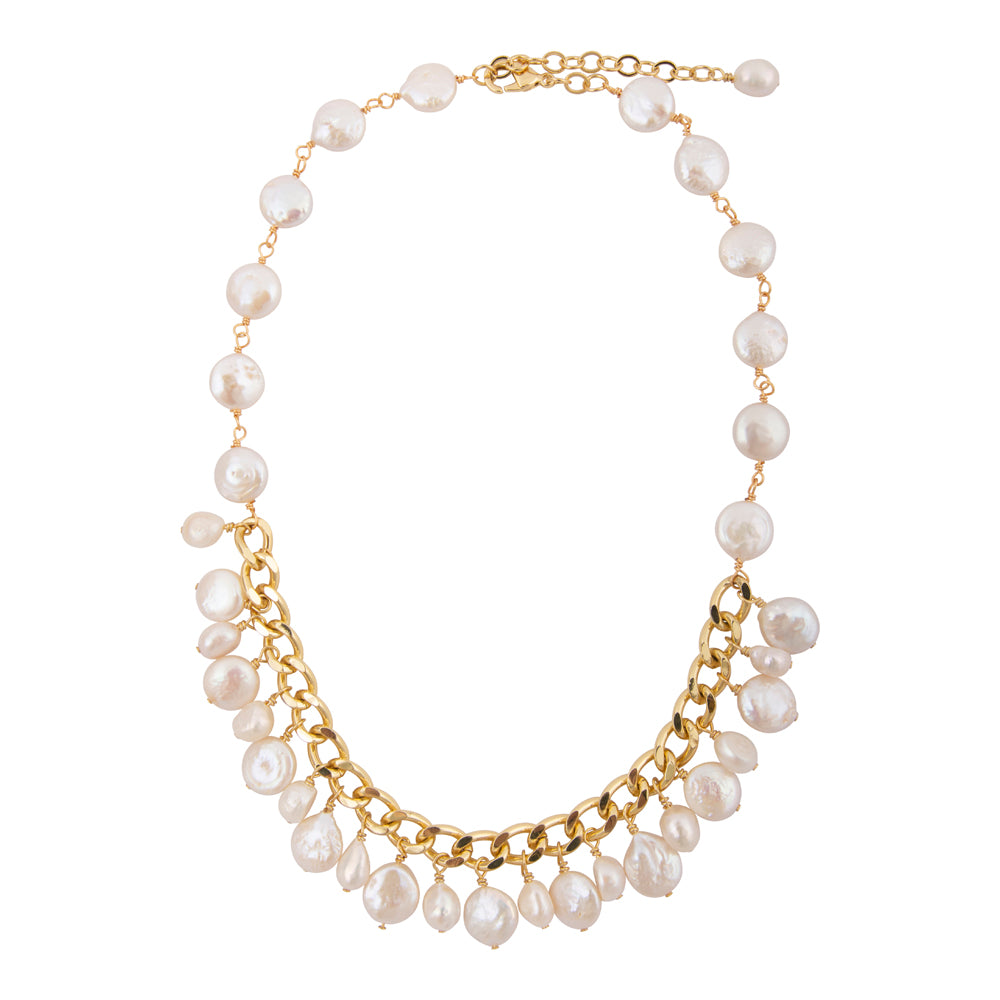 Hepburn White Pearl Golden Cluster Necklace by Start2Finish featuring white pearls and gold accents in a jewelry display.