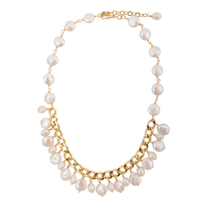 Hepburn White Pearl Golden Cluster Necklace by Start2Finish featuring white pearls and gold accents in a jewelry display.