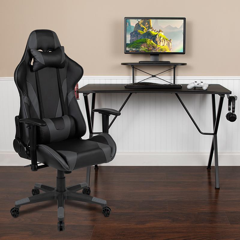 Start2Finish black gaming desk and gray reclining gaming chair set, featuring a sleek desk surface and ergonomic chair for gaming.