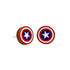 Red Sunflower American Shield Stud Earrings, gold-toned jewelry with shield-shaped design, close-up view on a plain background.