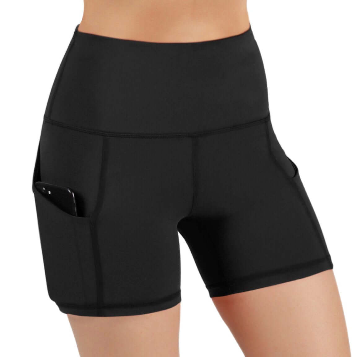 Black Lavender Jolie high-waisted athletic shorts with hip pockets, made from breathable activewear fabric.