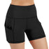Black Lavender Jolie high-waisted athletic shorts with hip pockets, designed for activewear and workout comfort.