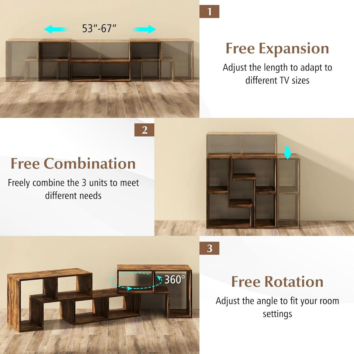 Deformable 3-Piece TV Stand Brown Finish 50-65 Inch