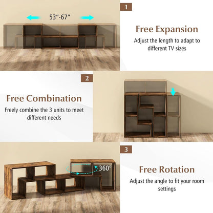 Deformable 3-Piece TV Stand Brown Finish 50-65 Inch