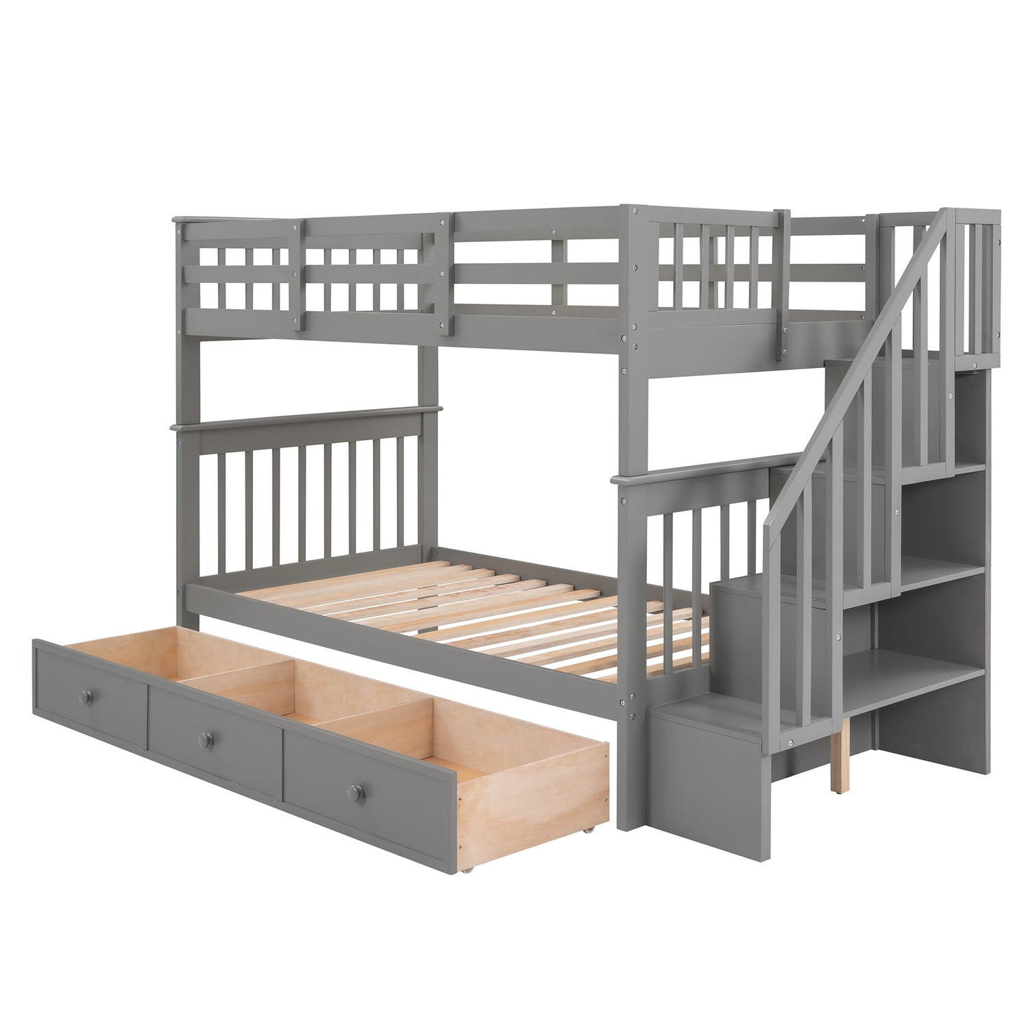 Sangria Beech stairway twin-over-twin bunk bed with integrated drawers, ideal for bedrooms or dorms, showcasing sturdy wood construction.