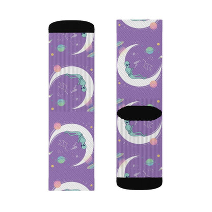 Yellow Pandora Alien Chilling Socks featuring colorful alien designs on soft, comfortable sock fabric.