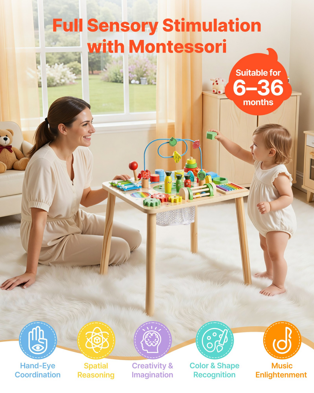 Start2Finish VEVOR Montessori toddler activity table with wooden 13-in-1 design, perfect for babies and young children’s play and learning.