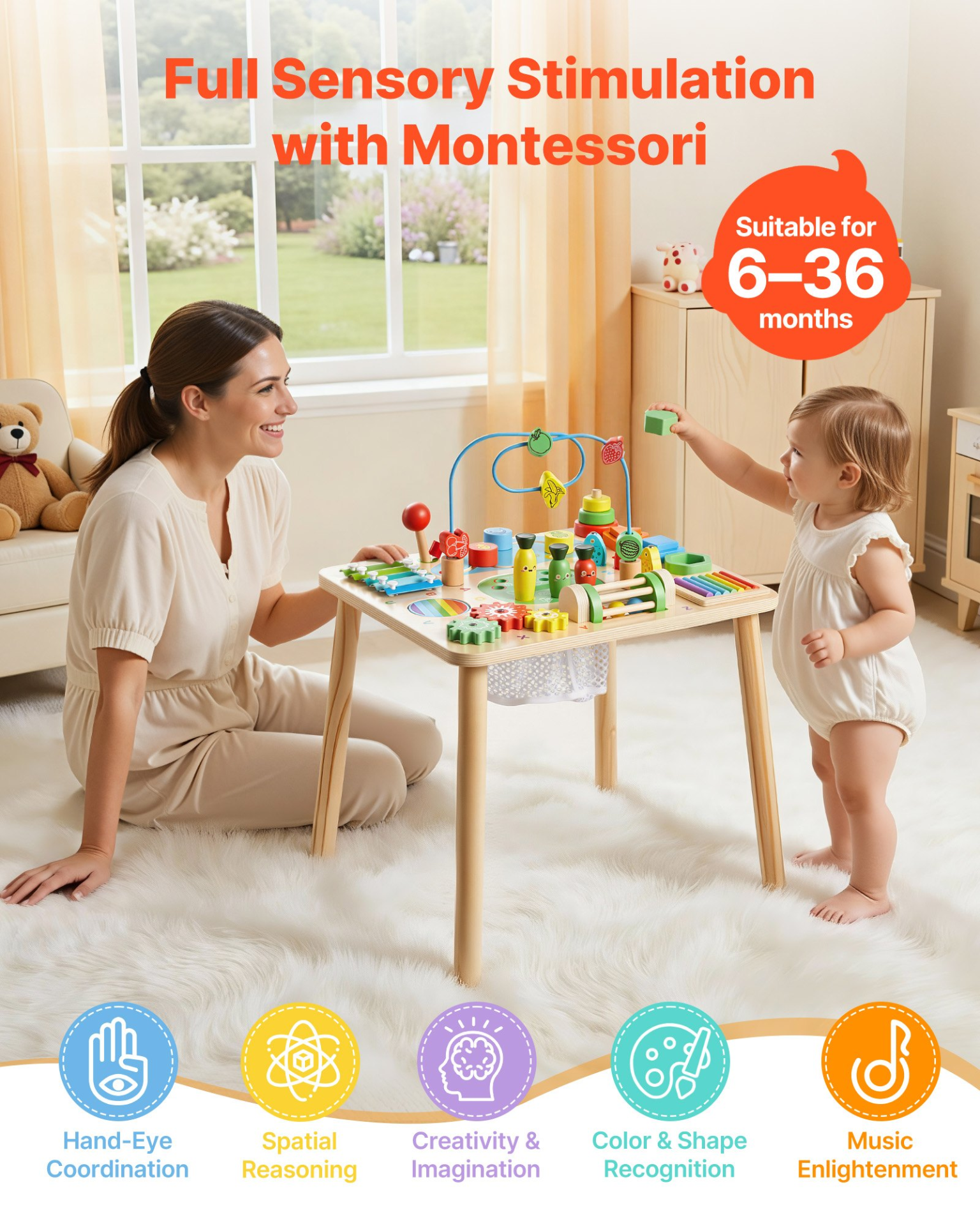 Start2Finish VEVOR Montessori toddler activity table with wooden 13-in-1 design, perfect for babies and young children’s play and learning.