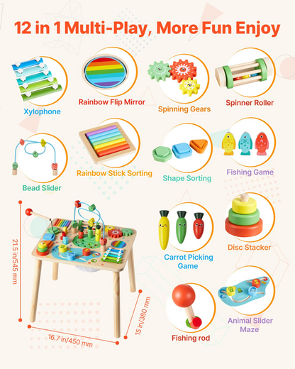 Start2Finish VEVOR Montessori activity table for toddlers, 13-in-1 wooden learning desk for children 6 months and up.