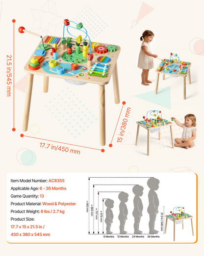 Start2Finish VEVOR Montessori toddler activity table with 13-in-1 wooden learning desk for children 6 months and up.