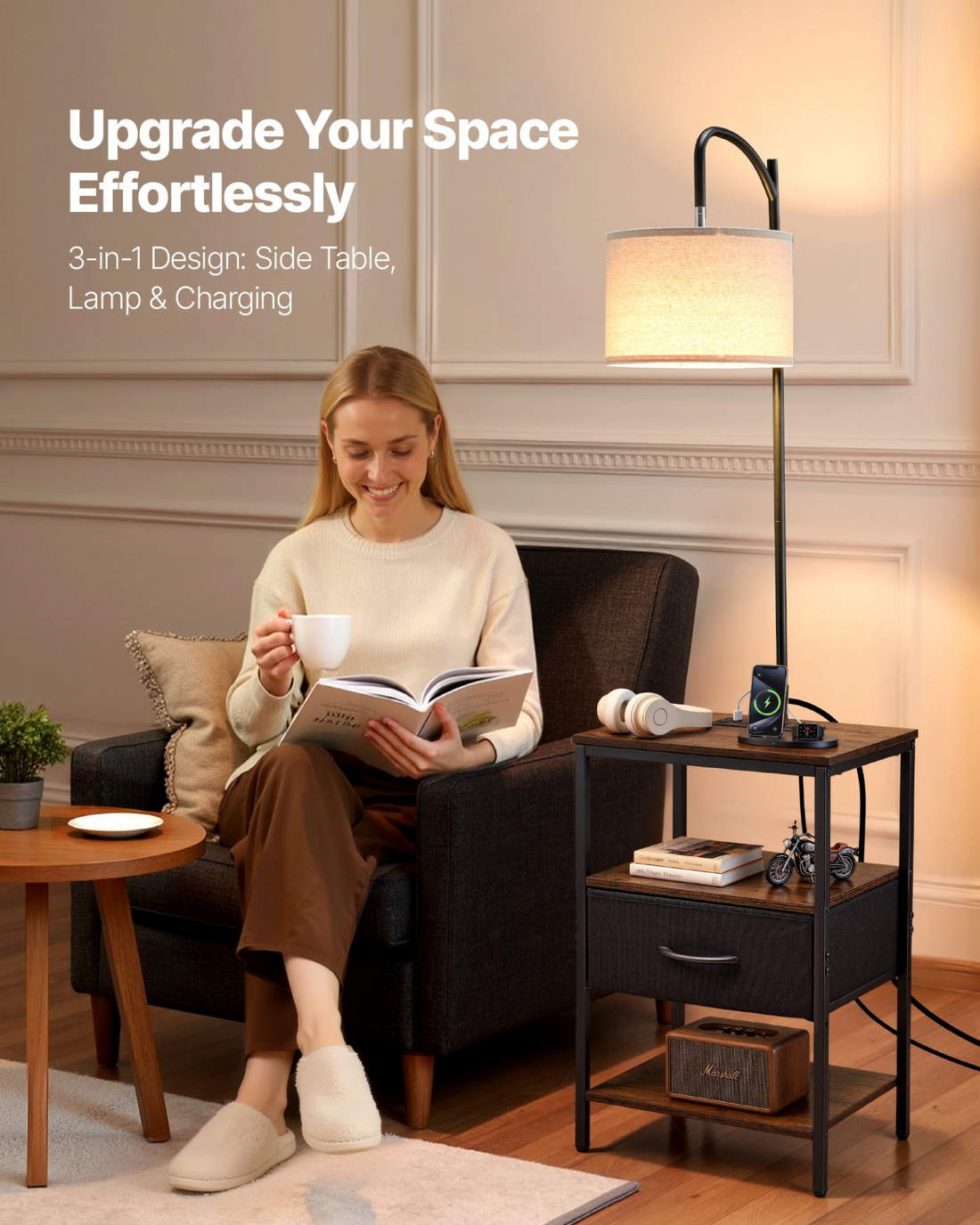 Modern VEVOR floor lamp with integrated 3-tier end table, drawer, USB, Type C, and AC ports, ideal for living rooms and bedrooms.