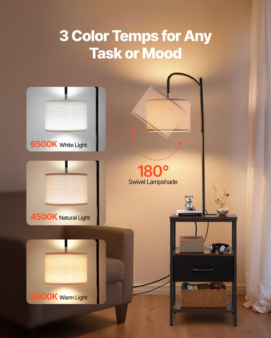 Start2Finish VEVOR floor lamp with table, 3-tier end table, drawer, USB, Type C, AC ports, modern bedside furniture for living room or bedroom