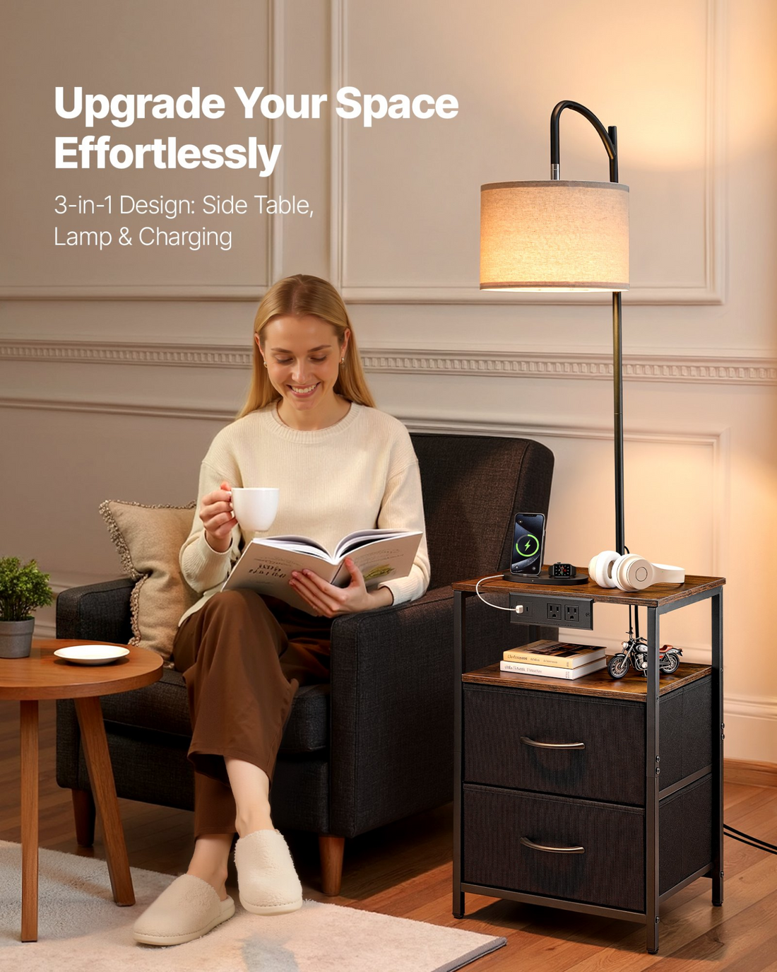 Start2Finish VEVOR floor lamp with 2-tier end table, drawers, adjustable lighting, USB, Type C, and AC charging ports.