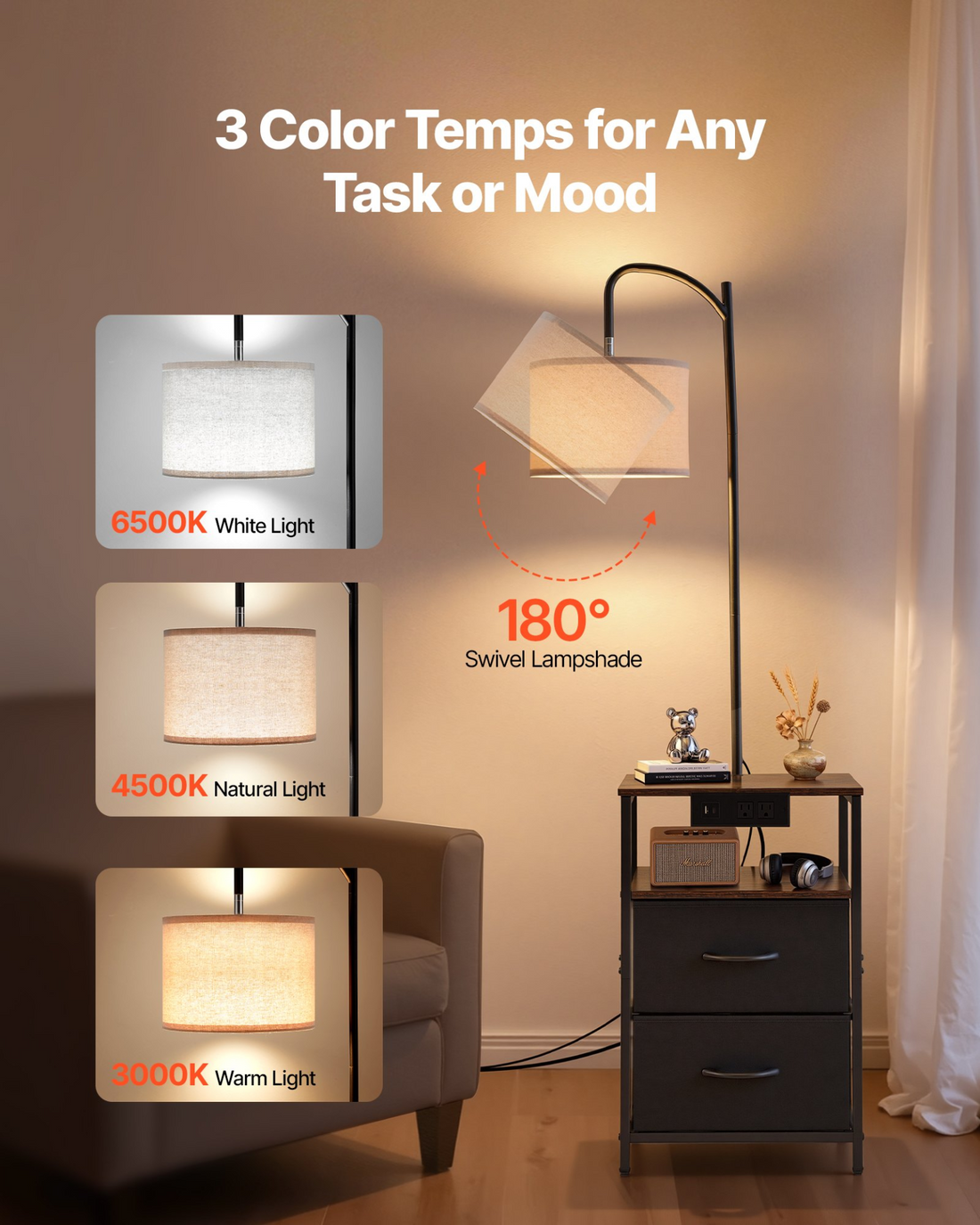 Start2Finish VEVOR floor lamp with table, 2-tier end table, drawers, USB, Type C, AC ports, modern design for living room or bedroom