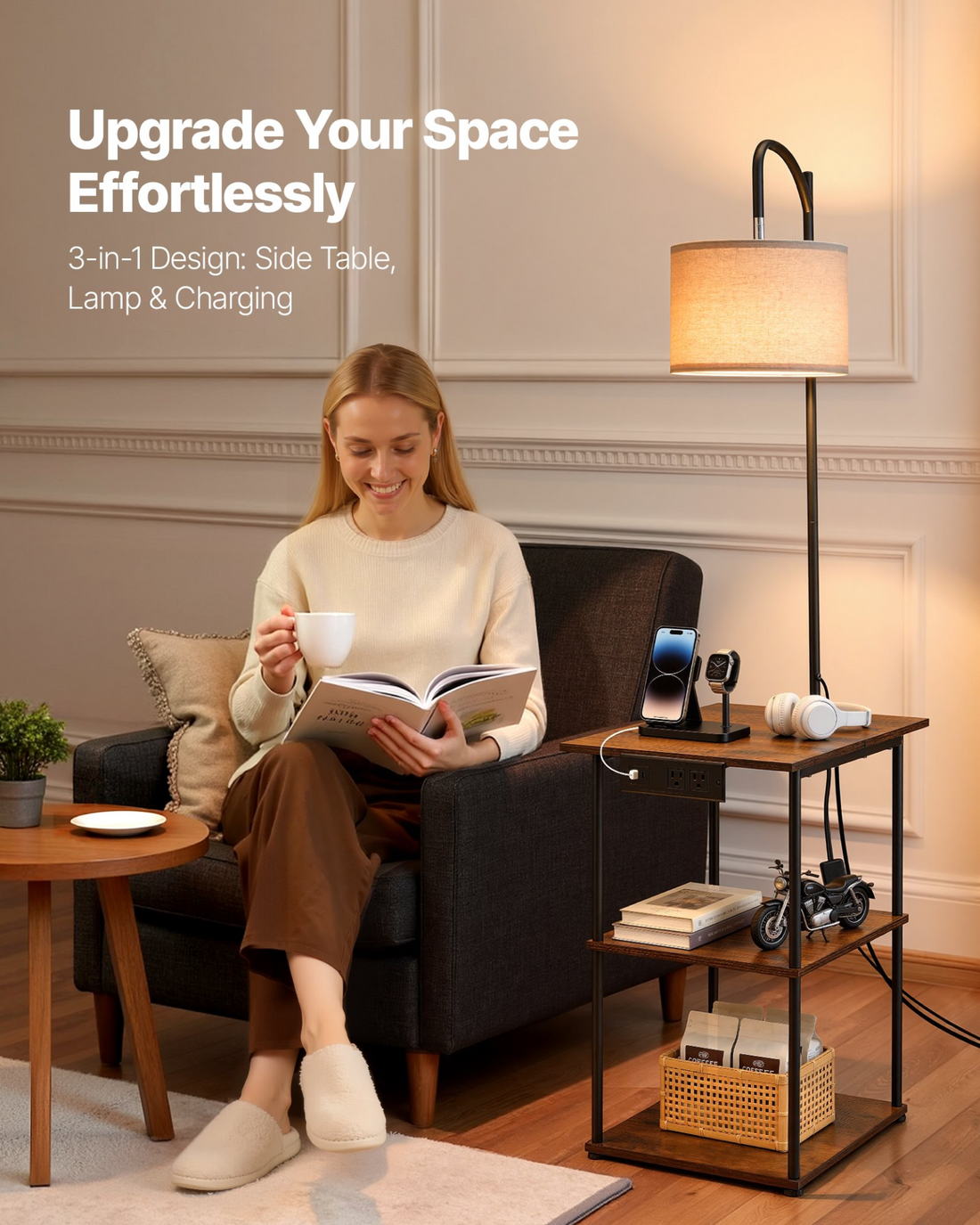 Start2Finish VEVOR floor lamp with table, narrow 3-tier end table, open shelves, and adjustable lighting with USB, Type C, and AC ports.