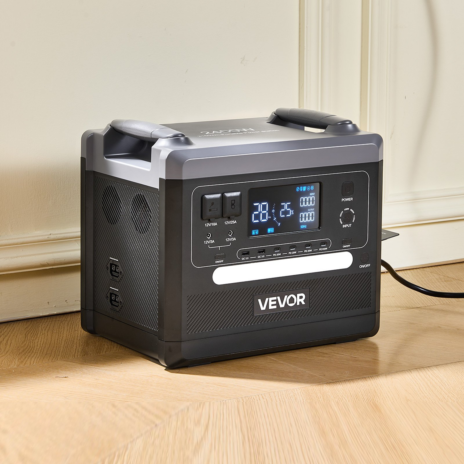 Start2Finish VEVOR portable power station with digital display, multiple output ports, and LiFePO4 battery for camping and backup power
