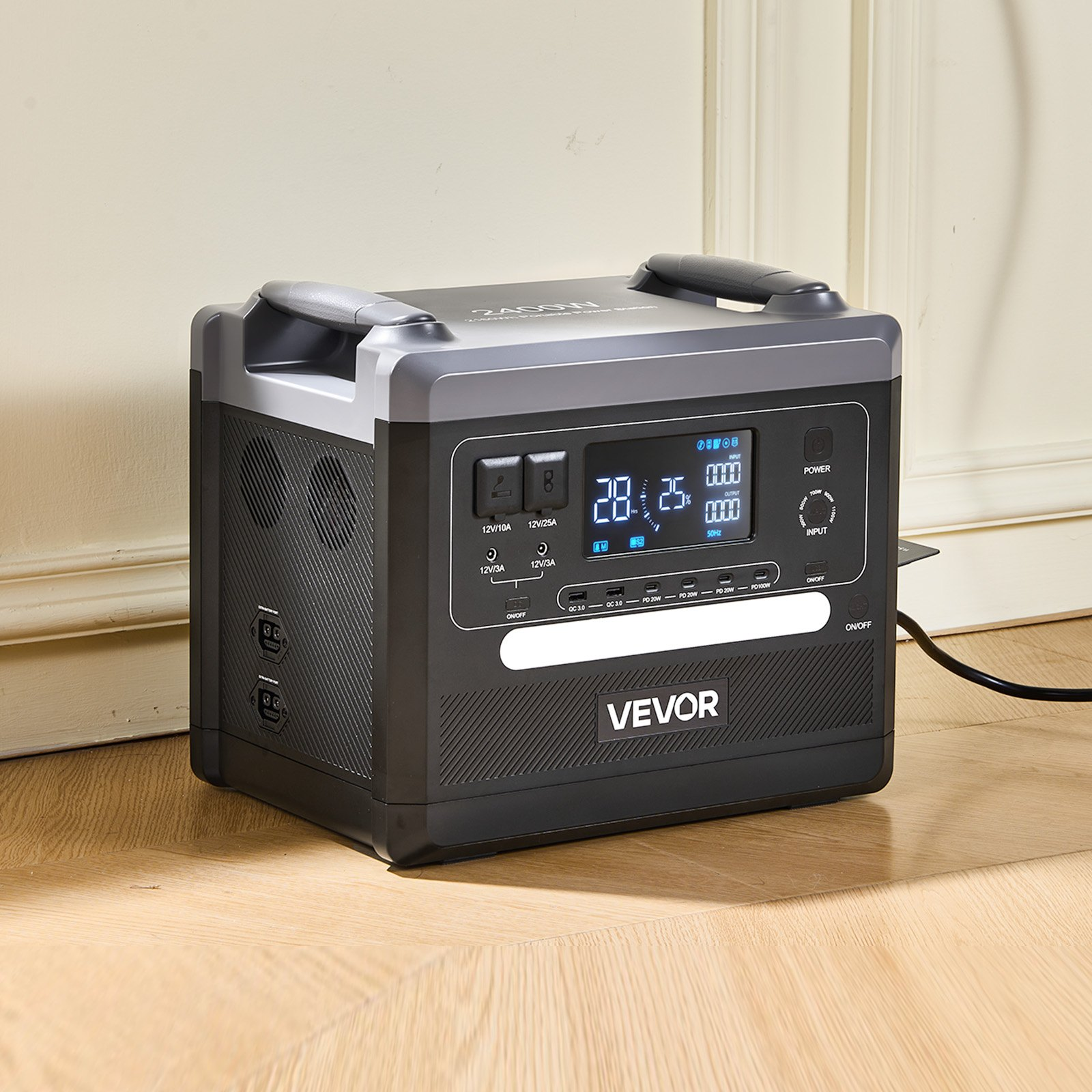 Start2Finish VEVOR portable power station with digital display, multiple output ports, and LiFePO4 battery for camping and backup power