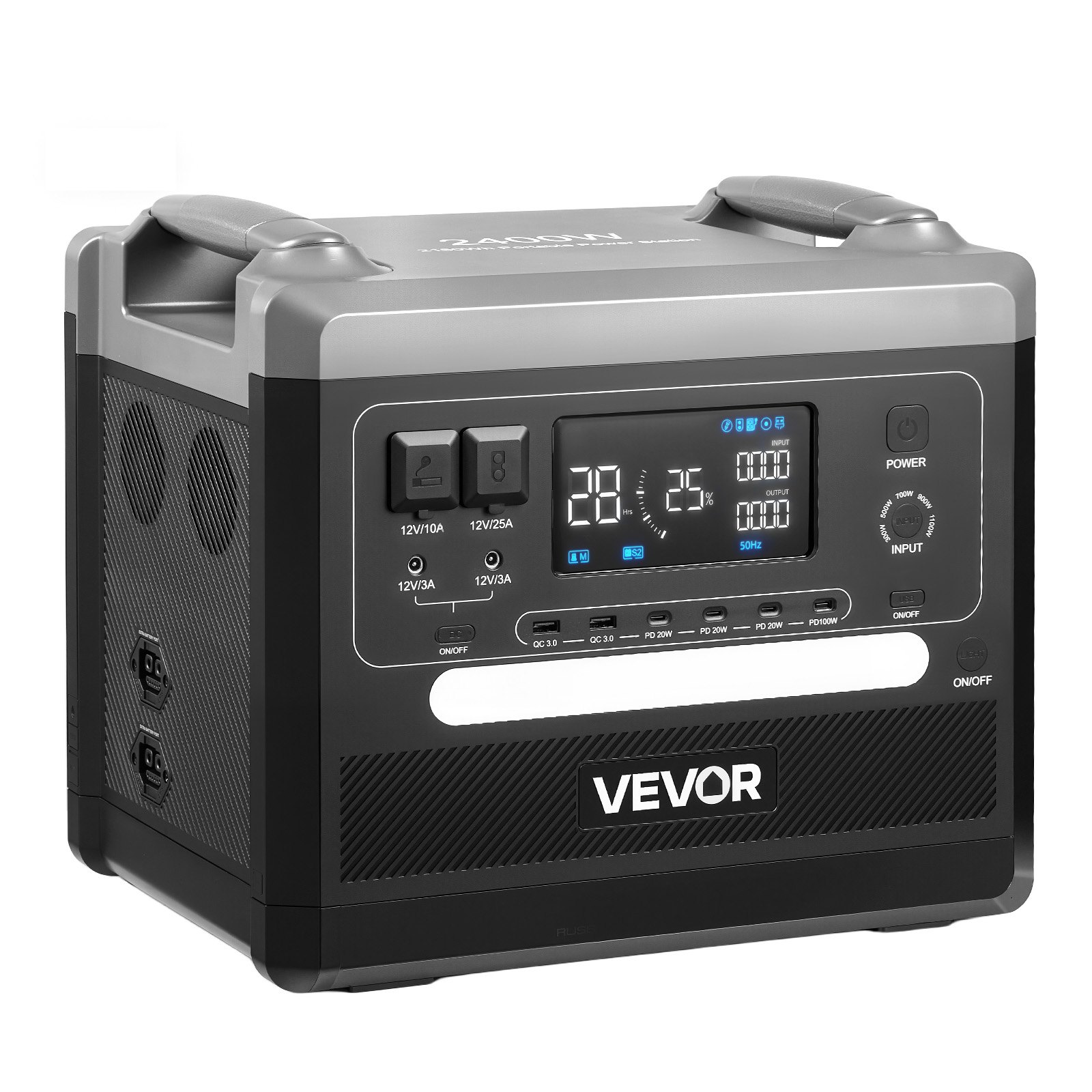 Start2Finish VEVOR portable power station with multiple output ports, LCD display, and expandable LiFePO4 battery for home or camping use.