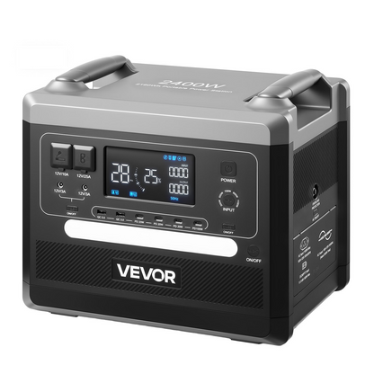 Start2Finish VEVOR portable power station with 10 output ports, 2400W, 2160Wh LiFePO4 battery, for camping and home backup.
