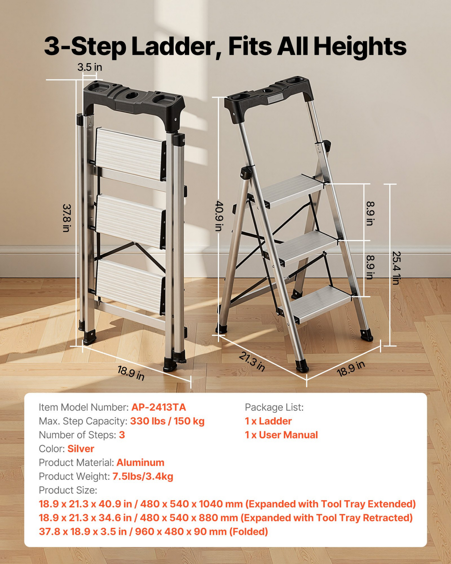 Start2Finish VEVOR 3-step aluminum ladder with wide anti-slip pedals and handgrip, portable and suitable for home, kitchen, and warehouse use.