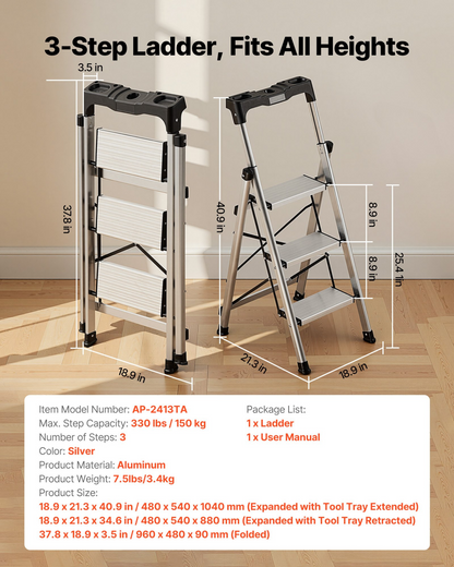 Start2Finish VEVOR 3-step aluminum ladder with wide anti-slip pedals and handgrip, portable and suitable for home, kitchen, and warehouse use.