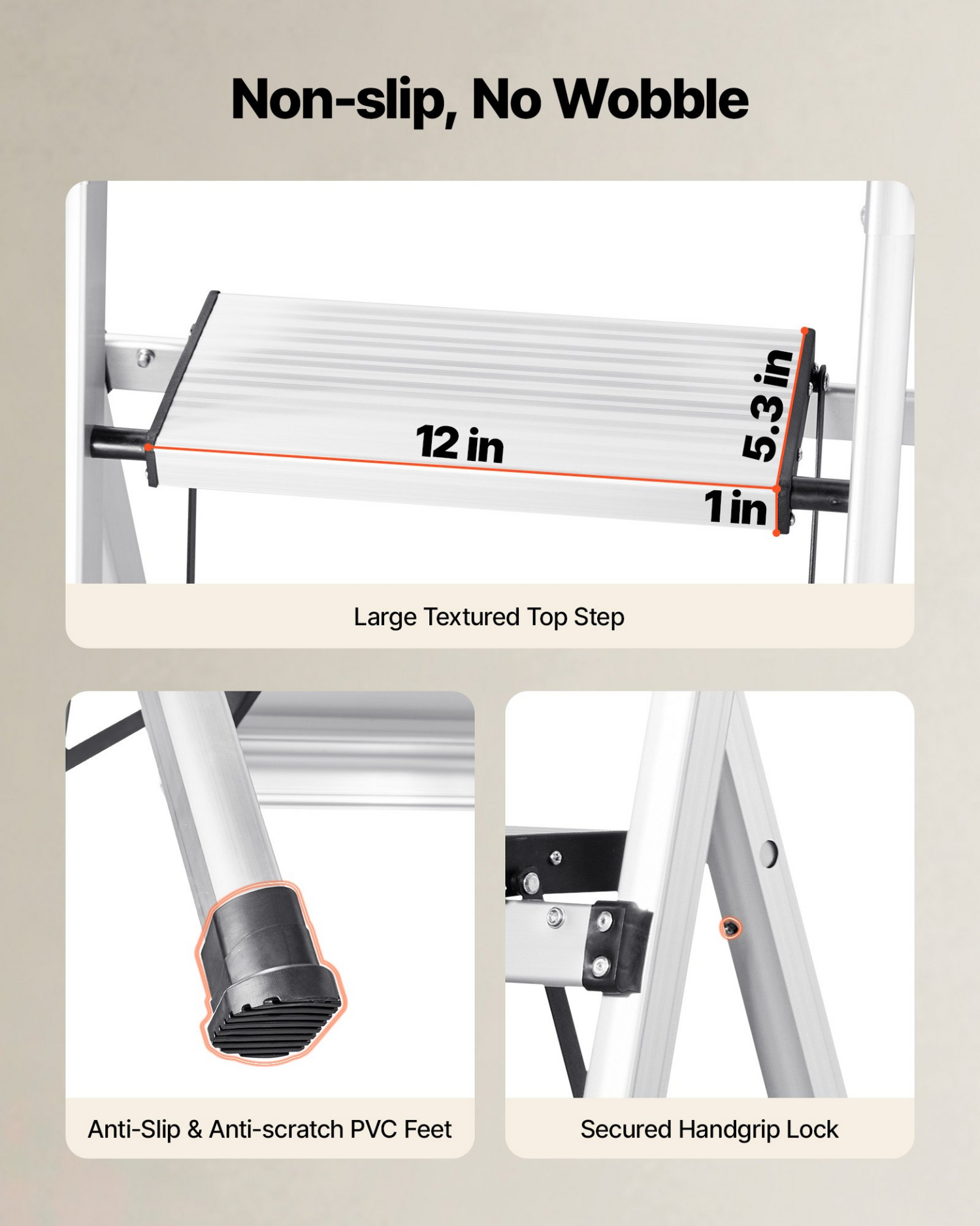 Start2Finish VEVOR 3-step aluminum ladder with wide anti-slip pedals, comfort handgrip, portable design, suitable for household and work use.