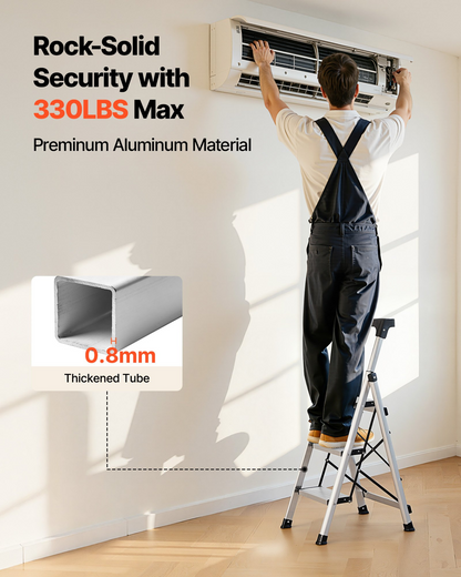 Start2Finish VEVOR 3-step aluminum ladder with anti-slip pedals and handgrip, suitable for kitchen, warehouse, and household use.